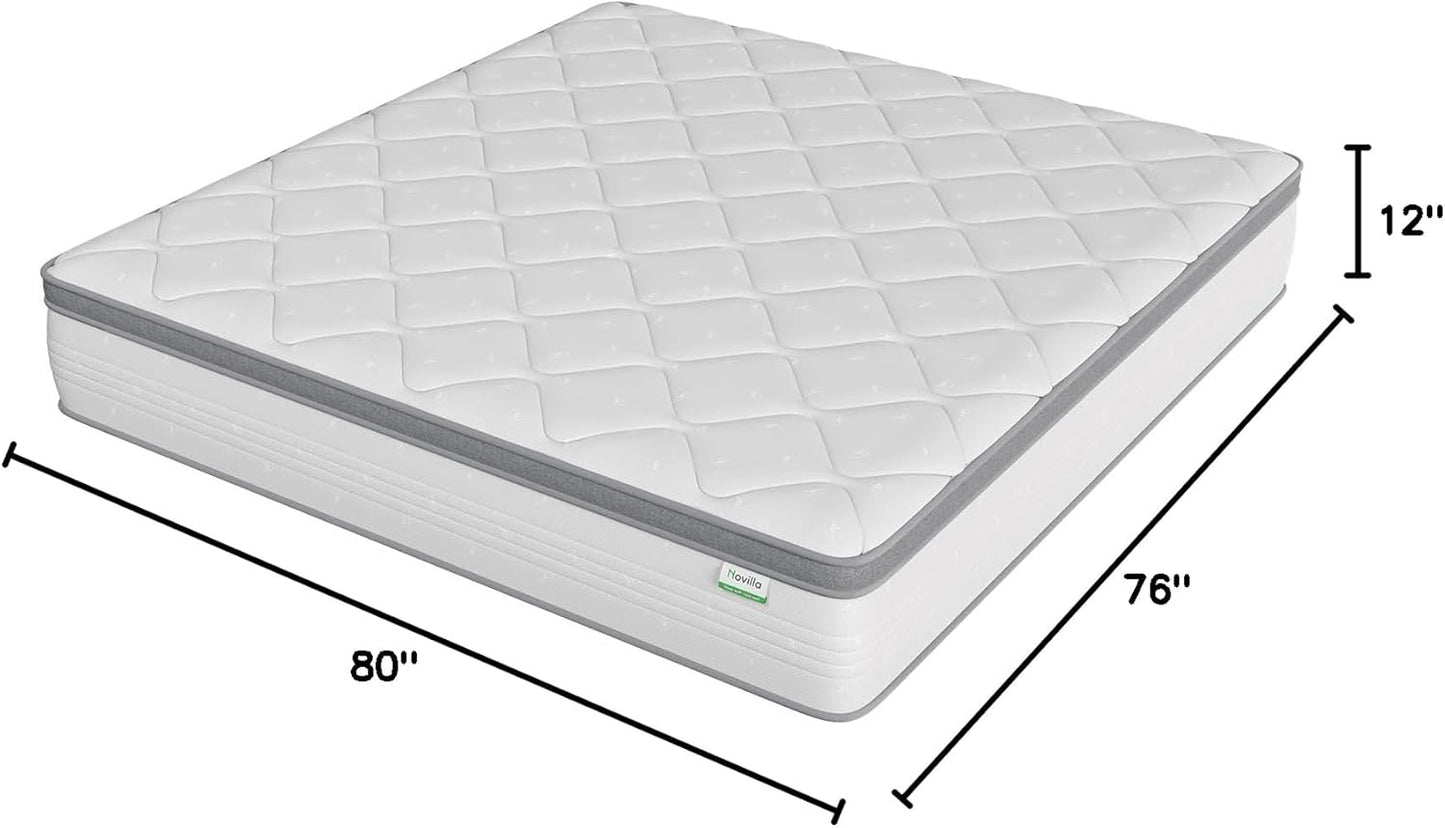 Novilla King Mattress, 12 Inch Hybrid Mattress King with Comfort Foam, Innerspring Pillow Top Mattresses in a Box, Comfort Layer for Pressure & Pain Relief, Soft Feel but Supportive