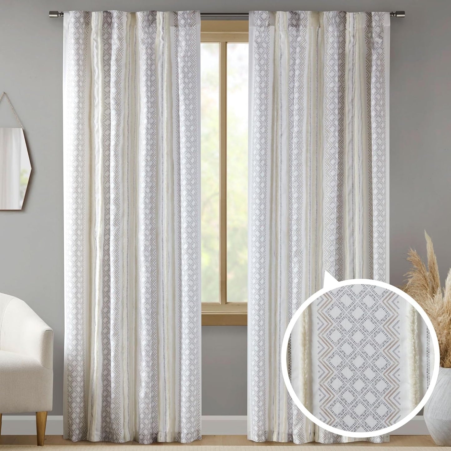 INK+IVY Imani 100% Cotton SINGLE PANEL Curtain Tufted Chenille Stripe Geometric Print Mid-Century Look Rod Pocket Top Drape for Living Room, Privacy Window Treatment for Bedroom, 50" x 84", Ivory