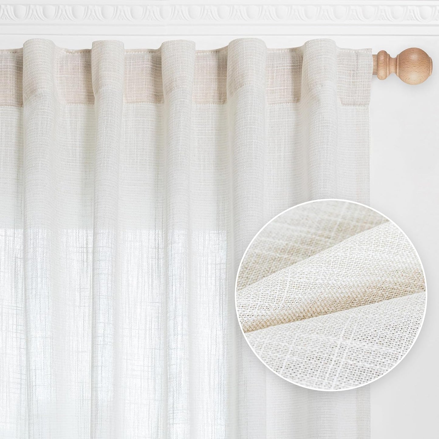 MYSKY HOME Linen Curtains for Living Room, Natural Semi Sheer Curtains & Drapes 84 inches Length 2 Panels Set Farmhouse Country Boho Style Back Tab Draperies for Sliding Glass Door, 50" Wide, Linen