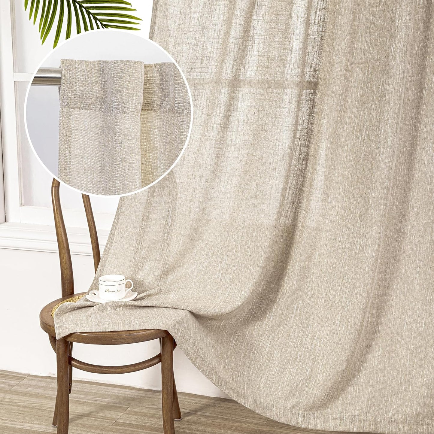 MYSKY HOME Linen Curtains for Living Room, Natural Semi Sheer Curtains & Drapes 84 inches Length 2 Panels Set Farmhouse Country Boho Style Back Tab Draperies for Sliding Glass Door, 50" Wide, Linen