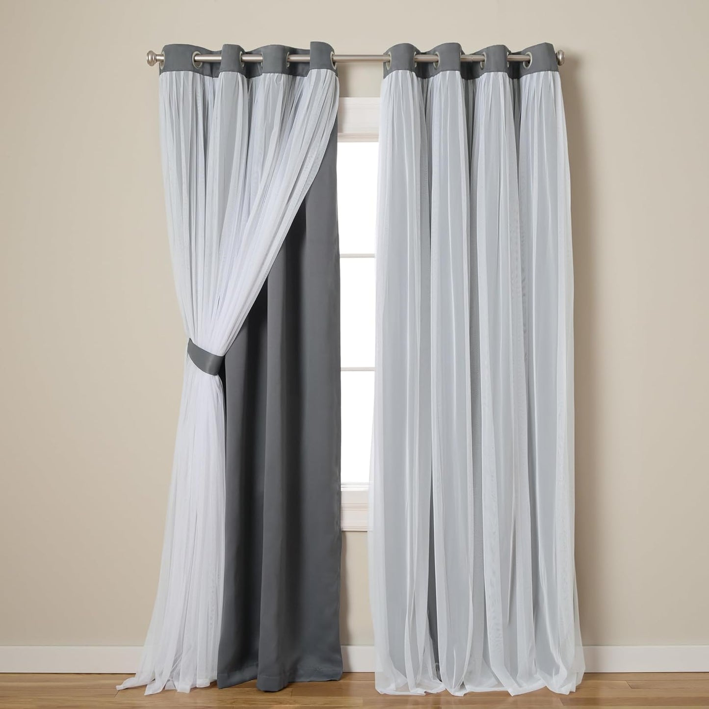 TOWN & COUNTRY LUXE Talia Double Layer Indoor Curtains, Sheer and Room Darkening Blackout, Grommet Top, Energy Efficient, 2-Pack Set, 52"x96", Winter White