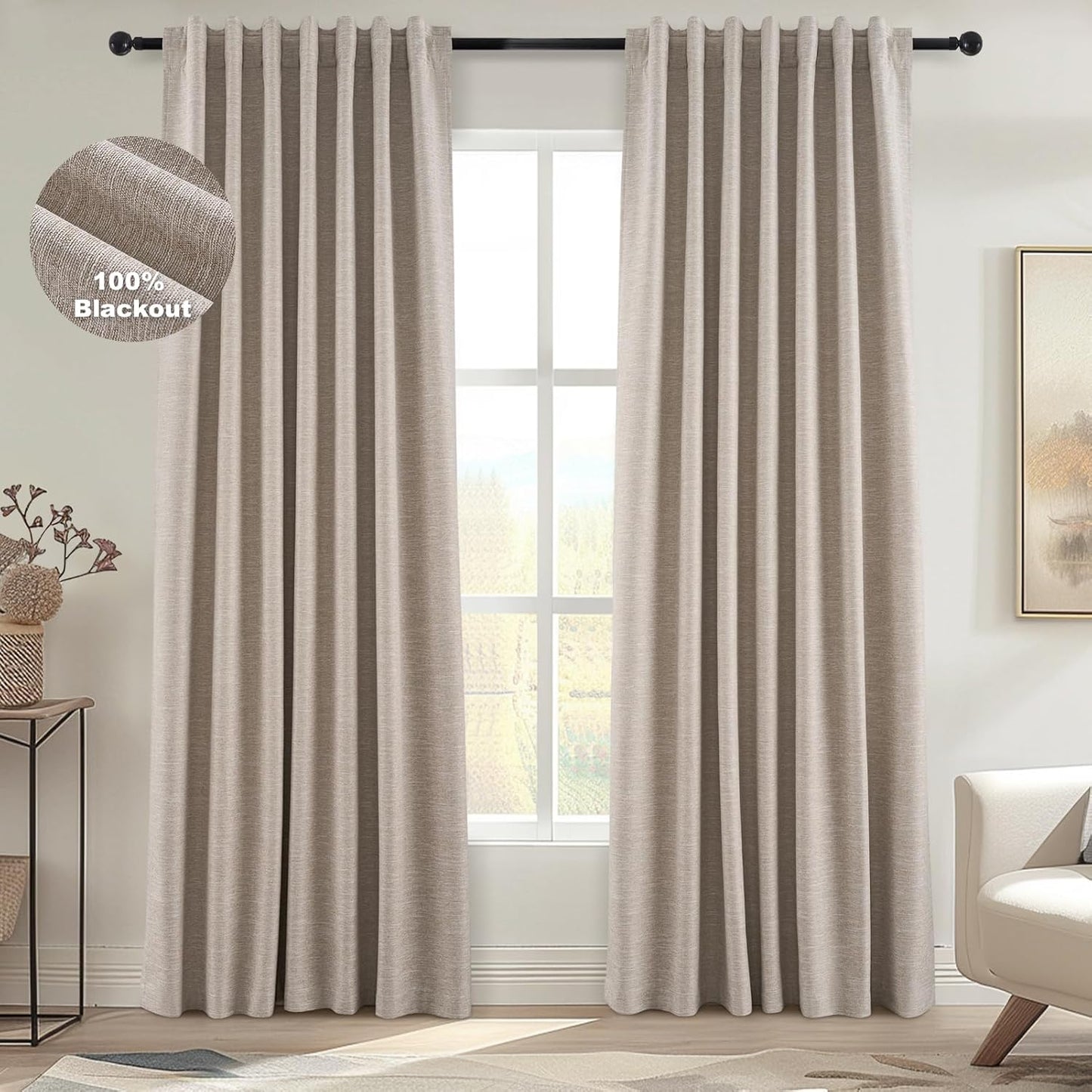 Topfinel Linen Blackout Curtains 96 Inch Long, Boho Farmhouse Ivory Birch Viral Drapes Pinch Pleated Curtains with Hooks for Living Room, Neutral 8 FT Back Tab Bedroom Curtains 52" X 96" 2 Panels
