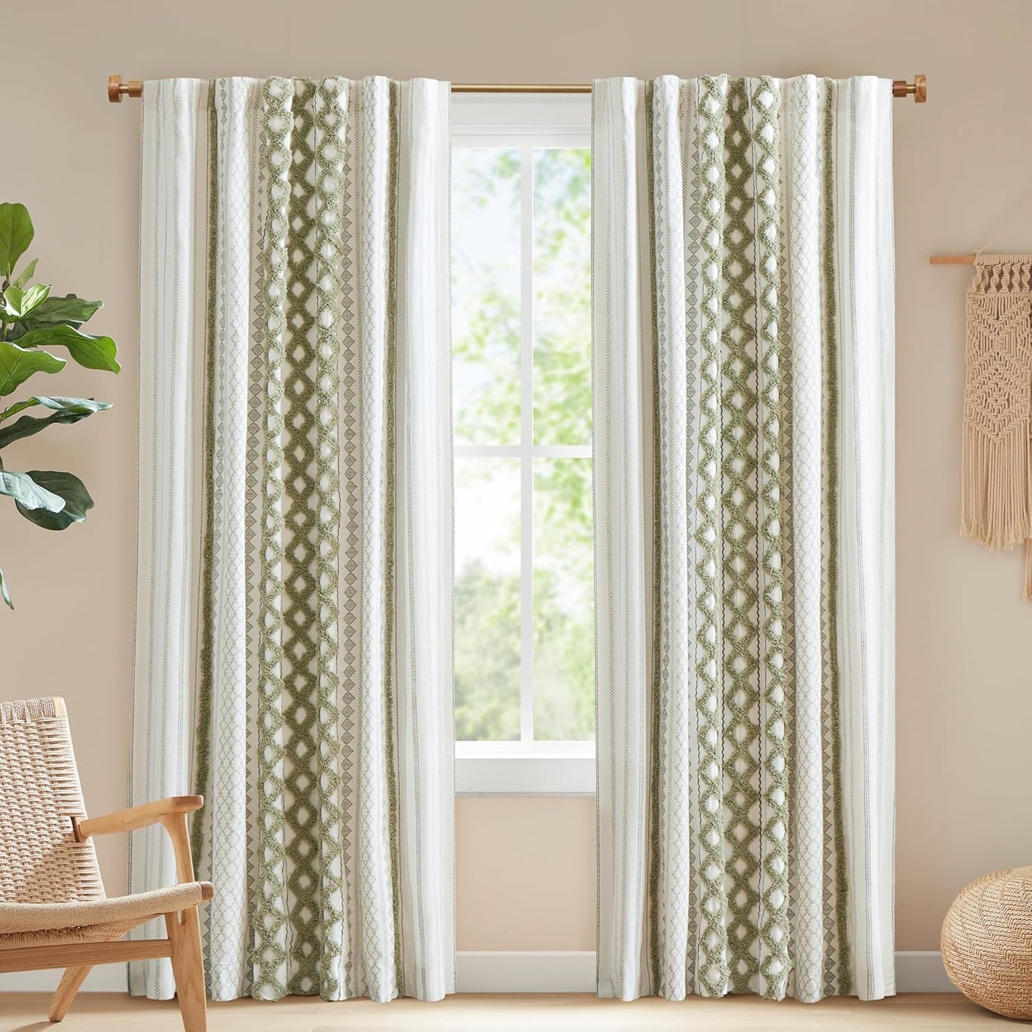 INK+IVY Imani 100% Cotton SINGLE PANEL Curtain Tufted Chenille Stripe Geometric Print Mid-Century Look Rod Pocket Top Drape for Living Room, Privacy Window Treatment for Bedroom, 50" x 84", Ivory
