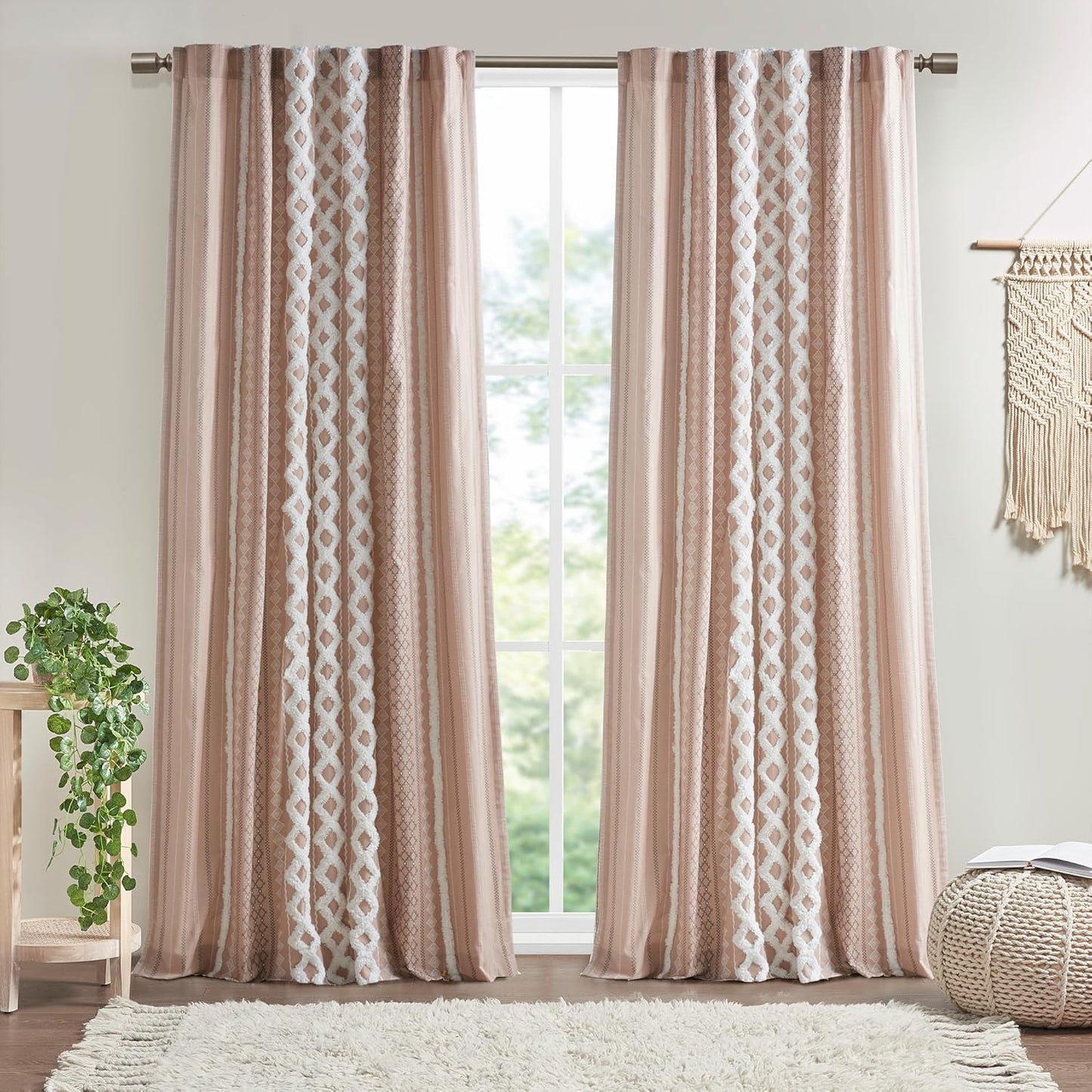 INK+IVY Imani 100% Cotton SINGLE PANEL Curtain Tufted Chenille Stripe Geometric Print Mid-Century Look Rod Pocket Top Drape for Living Room, Privacy Window Treatment for Bedroom, 50" x 84", Ivory