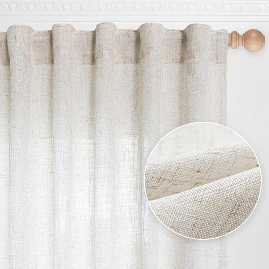 MYSKY HOME Linen Curtains for Living Room, Natural Semi Sheer Curtains & Drapes 84 inches Length 2 Panels Set Farmhouse Country Boho Style Back Tab Draperies for Sliding Glass Door, 50" Wide, Linen