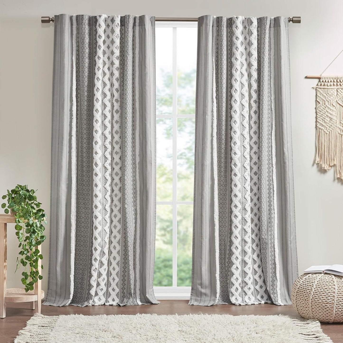 INK+IVY Imani 100% Cotton SINGLE PANEL Curtain Tufted Chenille Stripe Geometric Print Mid-Century Look Rod Pocket Top Drape for Living Room, Privacy Window Treatment for Bedroom, 50" x 84", Ivory