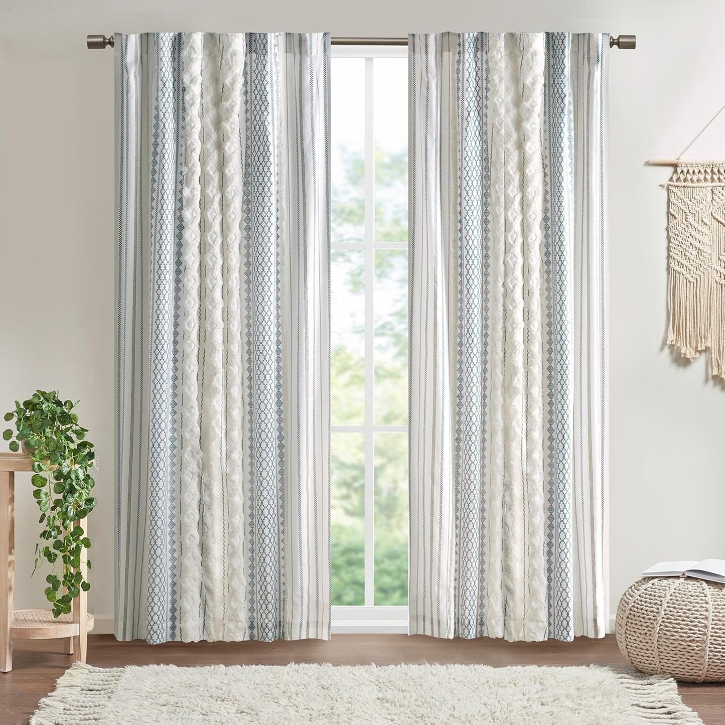 INK+IVY Imani 100% Cotton SINGLE PANEL Curtain Tufted Chenille Stripe Geometric Print Mid-Century Look Rod Pocket Top Drape for Living Room, Privacy Window Treatment for Bedroom, 50" x 84", Ivory