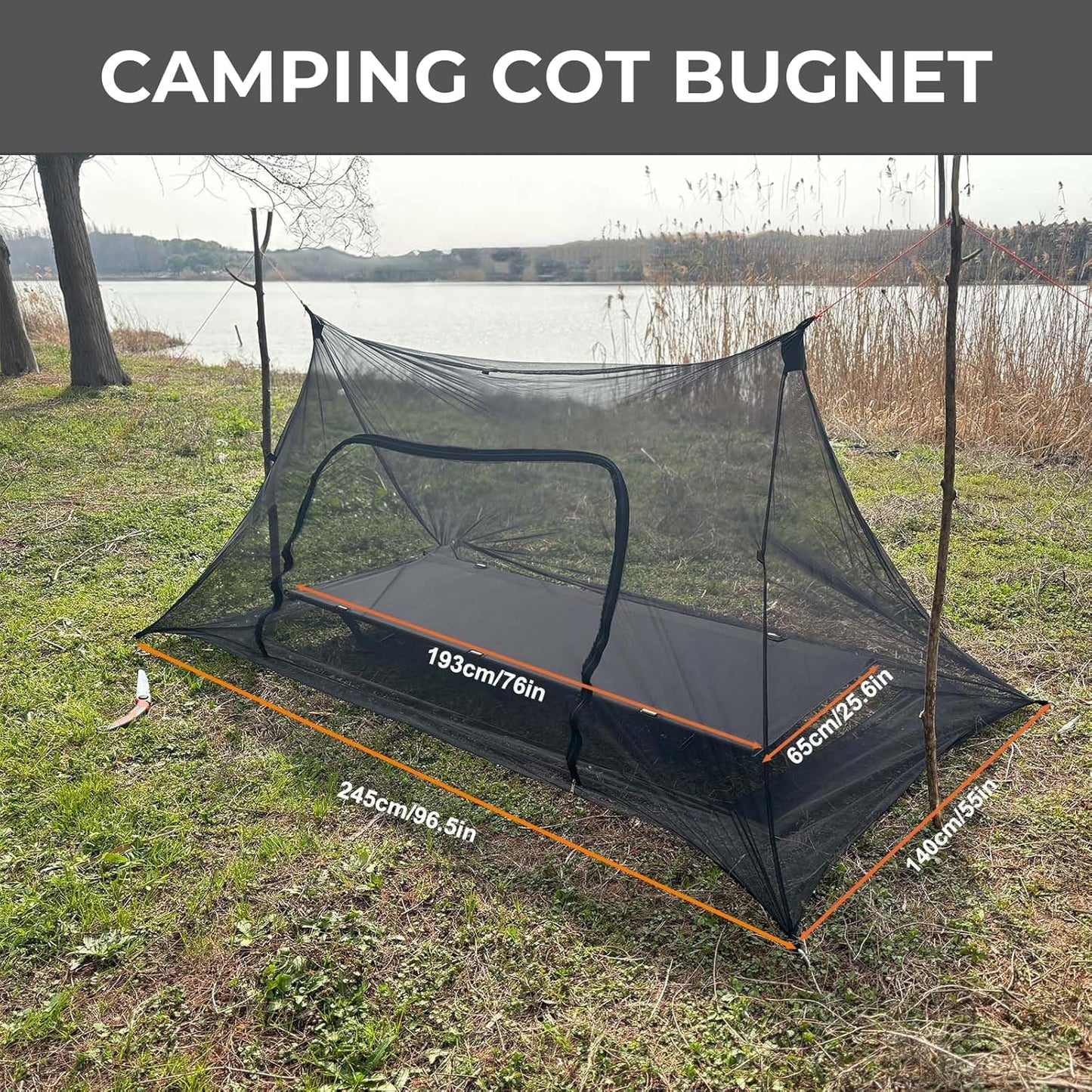 Onewind Camping Mosquito Net for Cot, Shelter Bugnet Camping Screen Room Ultralight No-See-Um Breathable Mesh Bugnet Mosquito Netting with Double Sided Zipper, Black