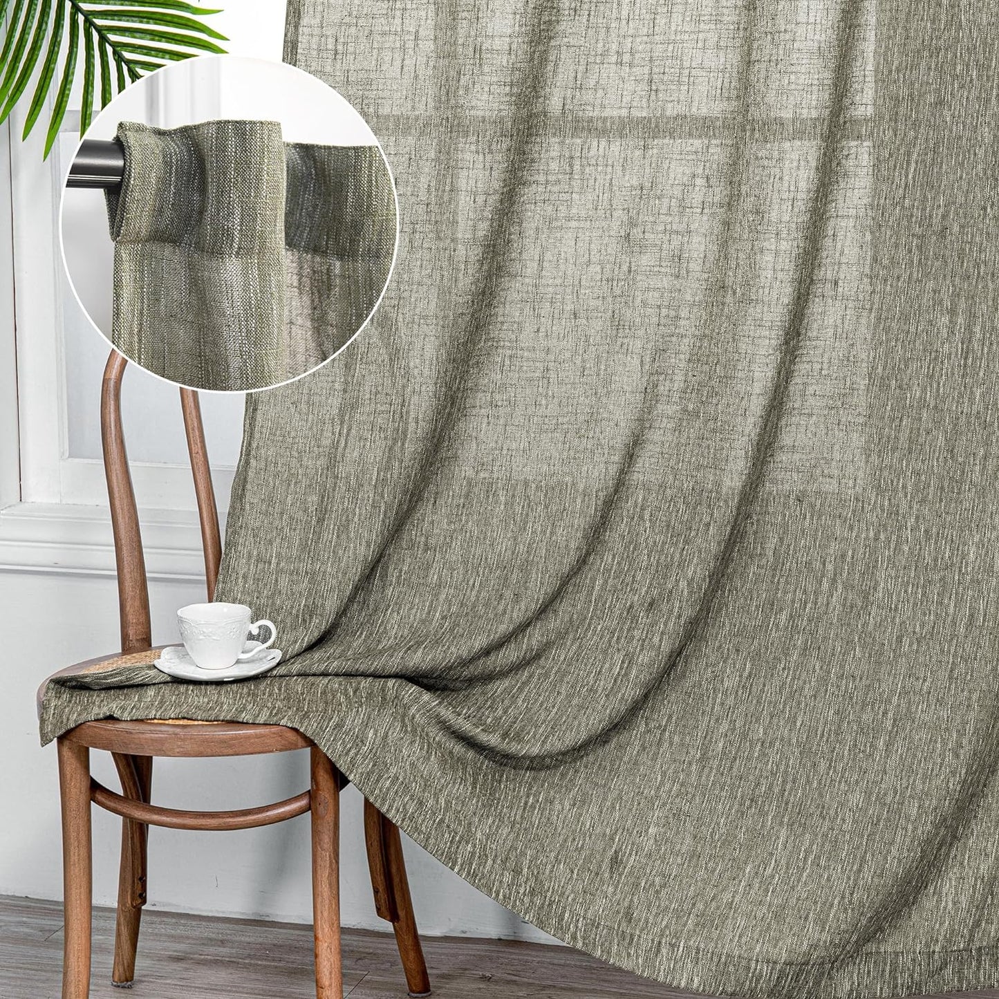 MYSKY HOME Linen Curtains for Living Room, Natural Semi Sheer Curtains & Drapes 84 inches Length 2 Panels Set Farmhouse Country Boho Style Back Tab Draperies for Sliding Glass Door, 50" Wide, Linen